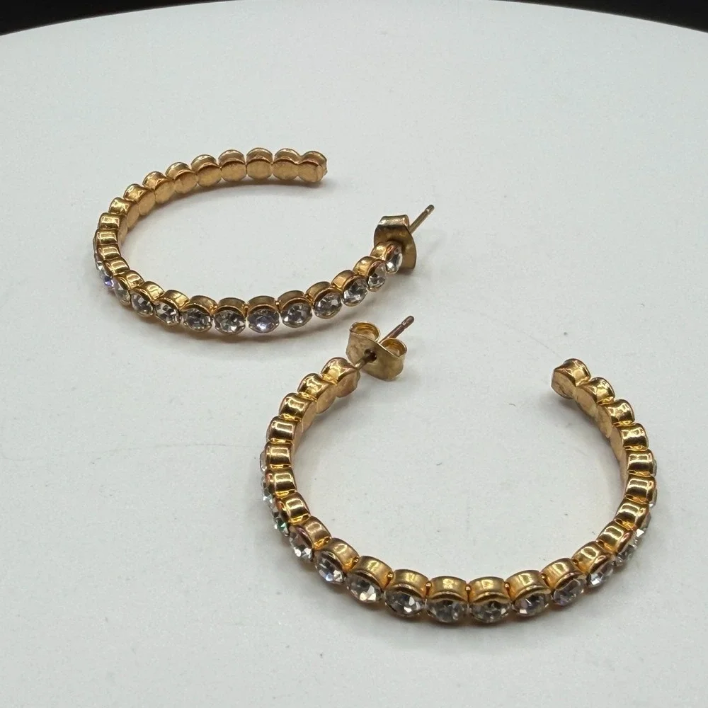 Gold Tone Rhinestone Hoop Earrings Clear Crystal Statement Glamour Gift for Her